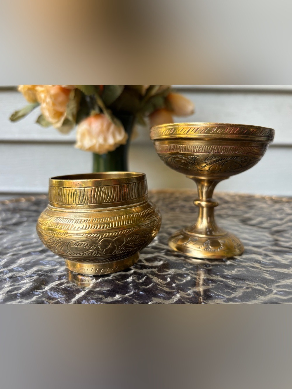 ✨ Vintage Hand-Etched Brass Trinket & Pedestal Bowl Set • Jewelry Holder Art ✨